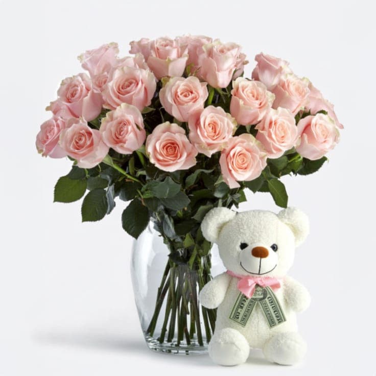 One dozen pink roses & Bear