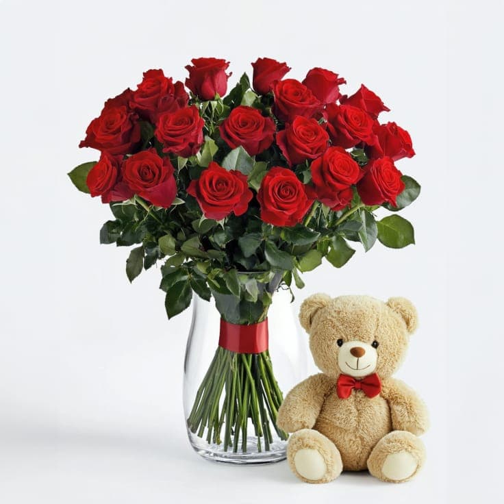 12 Red Roses and Bear