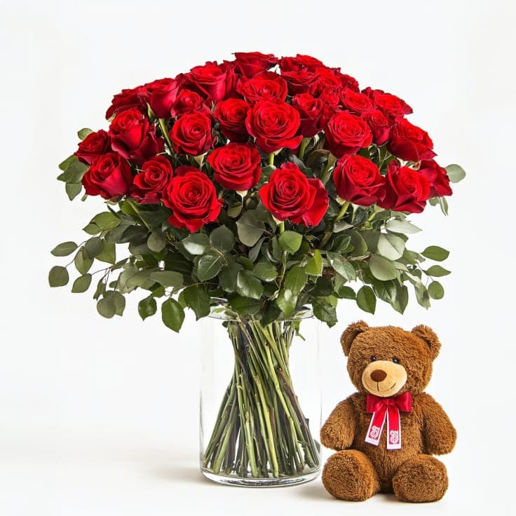 2 Dozen Red Roses w Bear