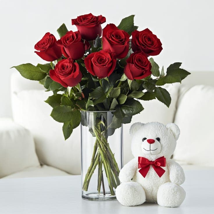 Six Stunning Roses w Bear