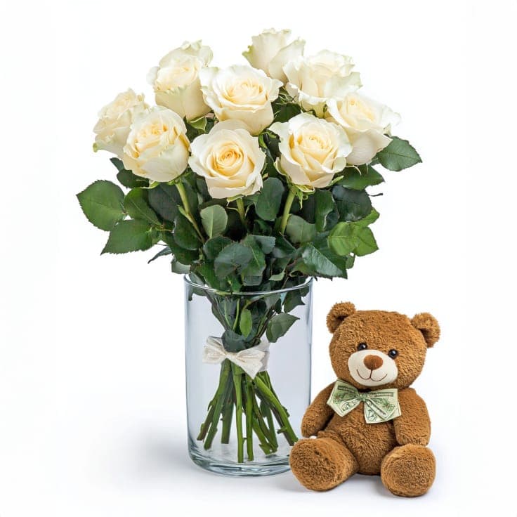 Six White Roses and Bear