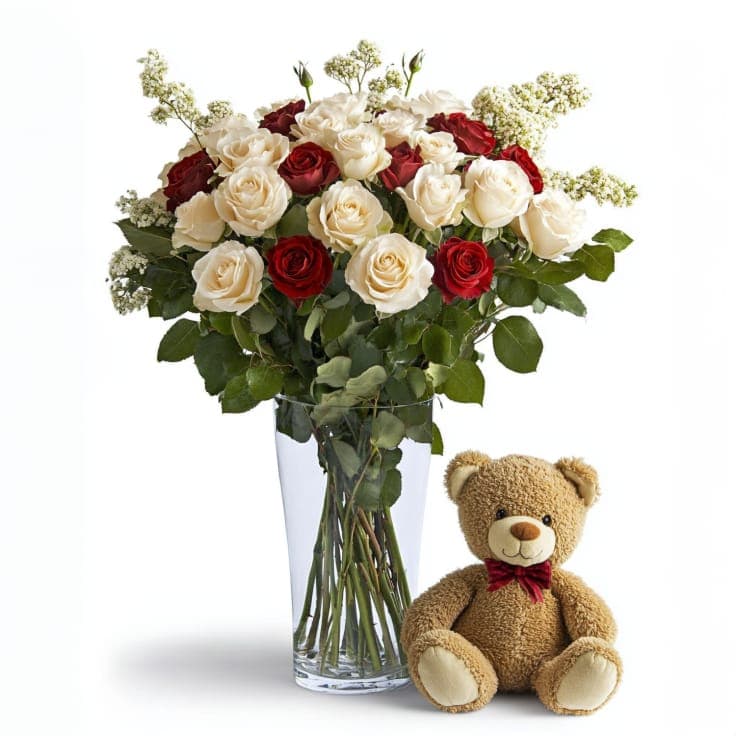 12 White Roses and Bear