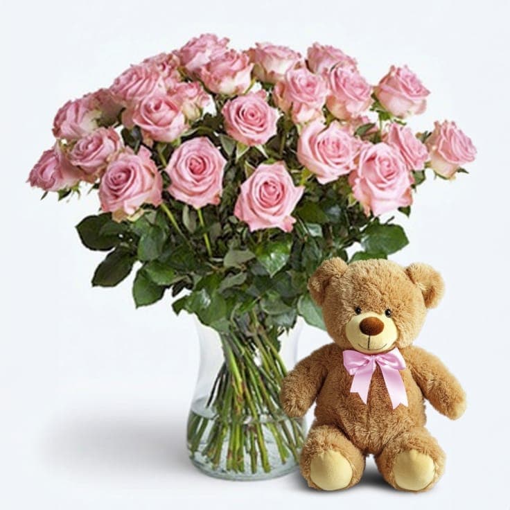 Dozen Pink Roses with Bear