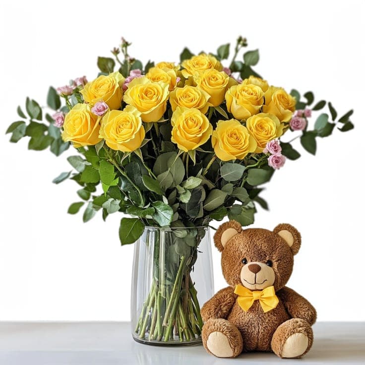 Dozen Yellow Roses with Bear