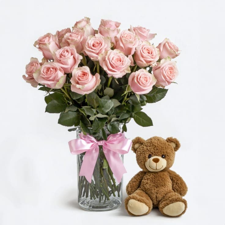 Dozen Pink Roses with Bear