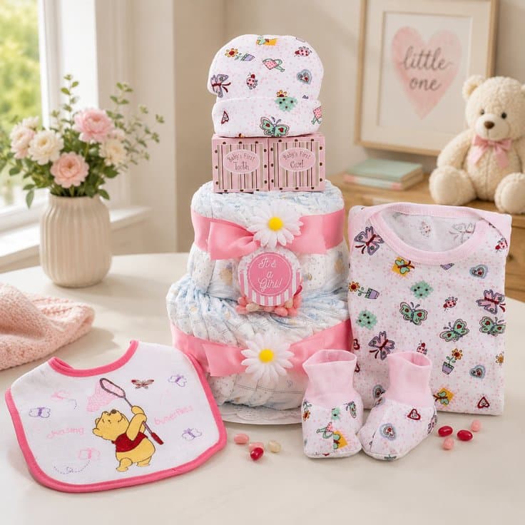 Sweet Baby Girl Diaper Cake Gift Baskeet
